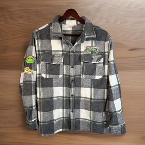 Nickelodeon Teenage Ninja Turtle Flannel Button Shirt Boys XL 14 Gray Plaid Wool